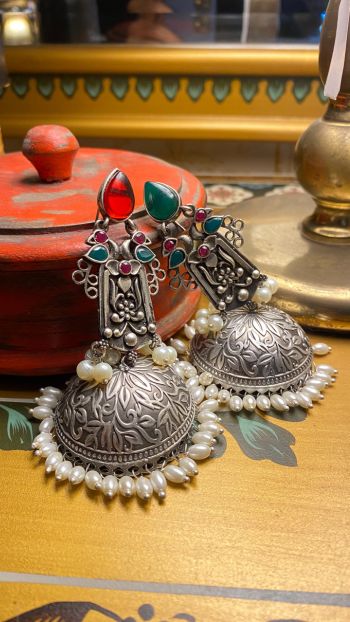 buy oxidized silver jhumka earrings